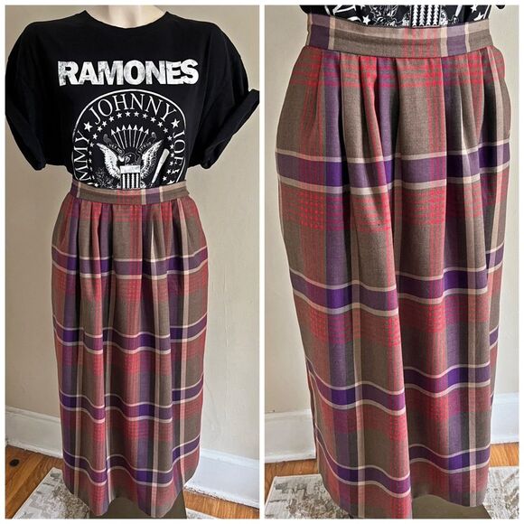 Vintage Wool Plaid Midi Skirt M High Waist Grunge Fall Academia Core - Picture 1 of 11